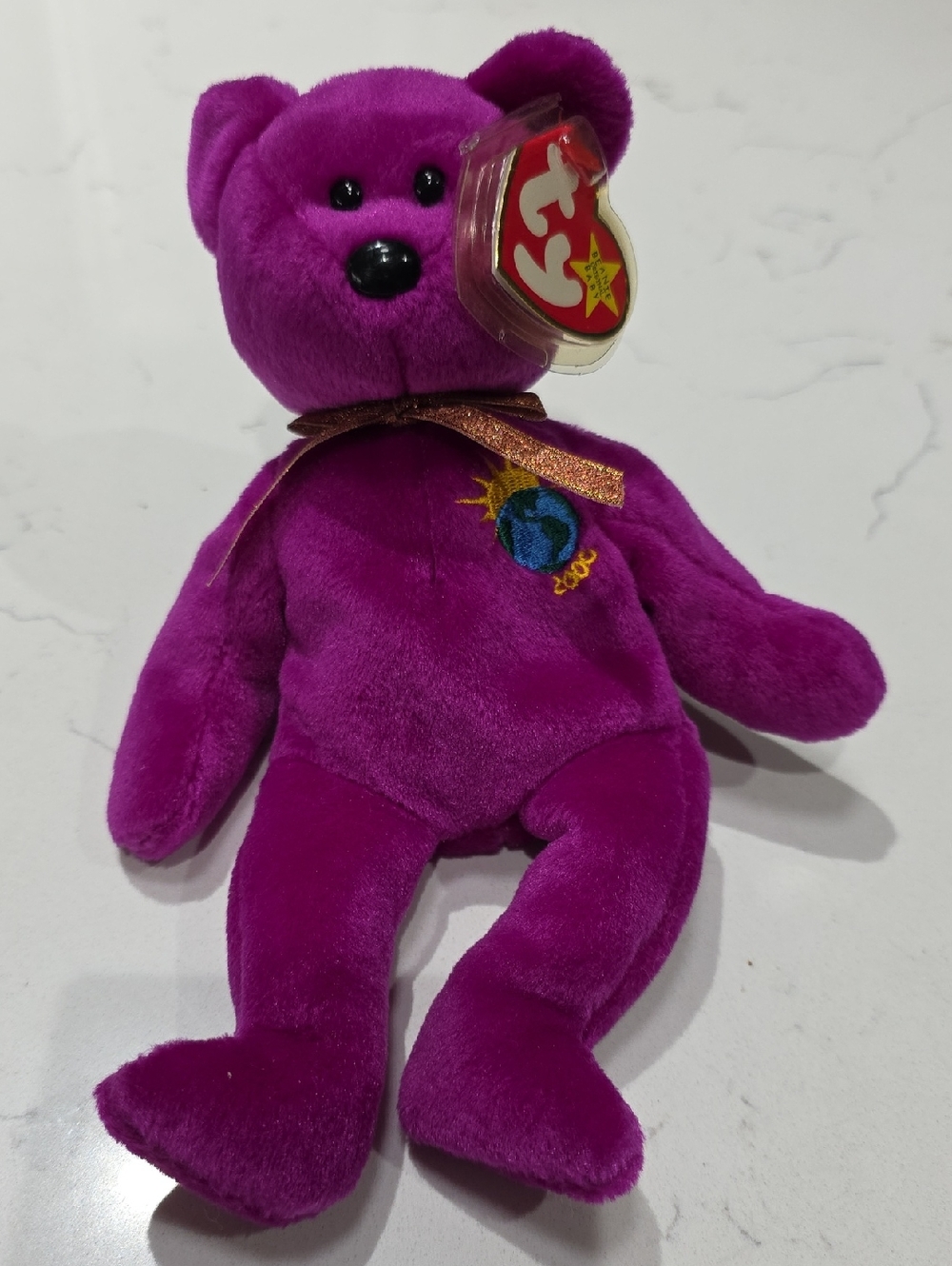 Ty MILLENNIUM Bear in Bright Magenta with Embroidered Globe